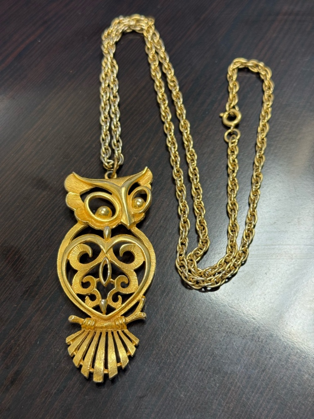 Vintage 1970's Torino Stylized Owl Pendant/Necklace 24” + 3” Owl Pendant